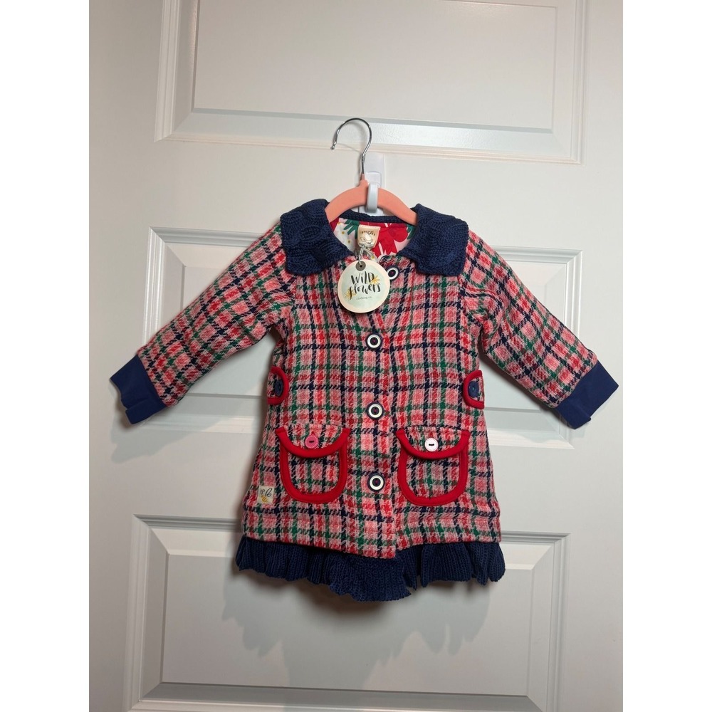69. Wildflowers Pink Navy Plaid Knit Ruffle Holiday Coat Kids 18M NEW